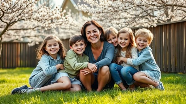 Motherhood embrace with children outdoors highlighting importance of motherhood.