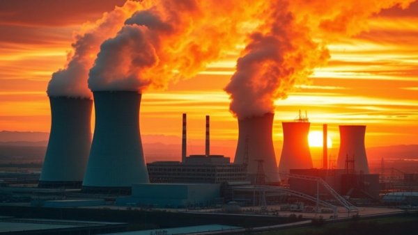 Plant Vogtle nuclear project at sunset, steam rising.
