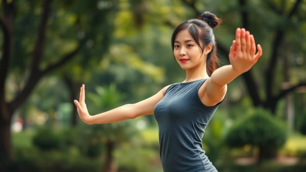 Young woman practicing baduanjin exercise in a park.