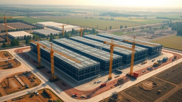Aerial view of a data center construction site showing cranes and vehicles.