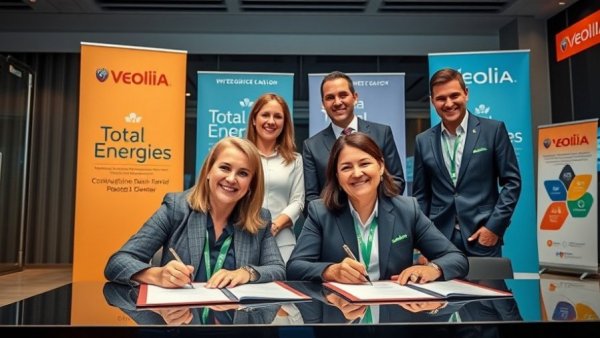 TotalEnergies and Veolia executives sign water conservation deal in corporate setting.