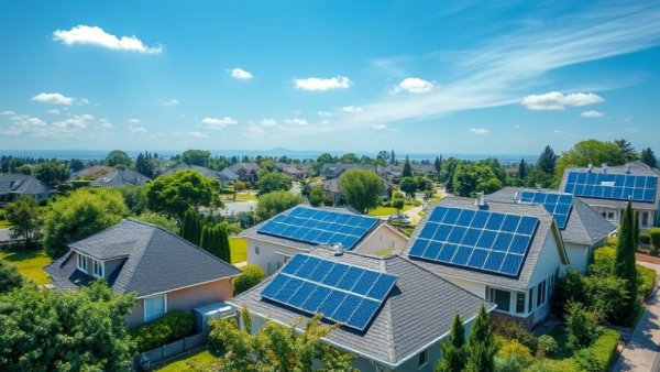 Aerial view of solar panels in a suburban neighborhood with clear skies.