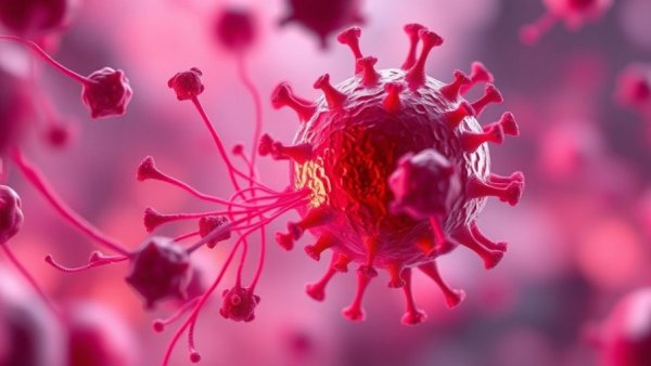Microscopic view of a cancer cell interacting with mitraphylline, vibrant colors.