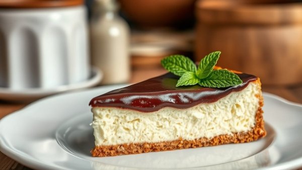 Chocolate-topped cottage cheese cake slice with mint garnish.