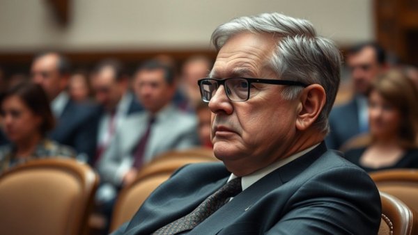 Man at hearing, thoughtful expression, formal setting.