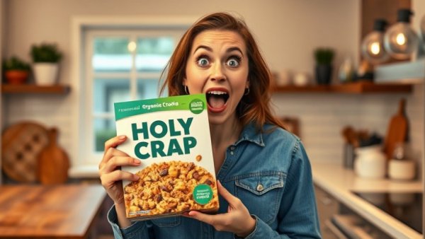 Excited woman holding Holy Crap Foods granola in a modern kitchen.