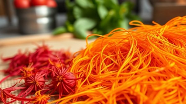 Close-up of vibrant saffron threads on blurred kitchen counter.