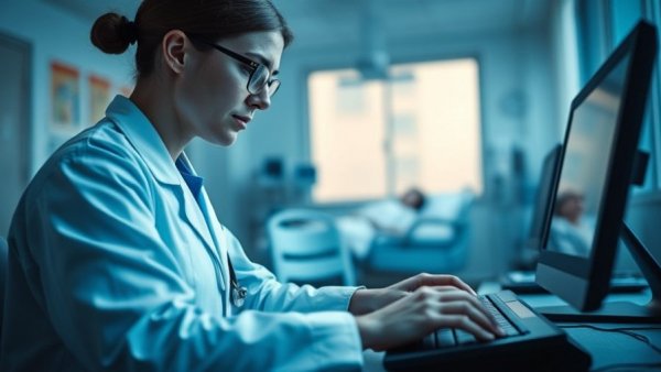 Healthcare professional typing in clinic, embodying AI in healthcare regulations.