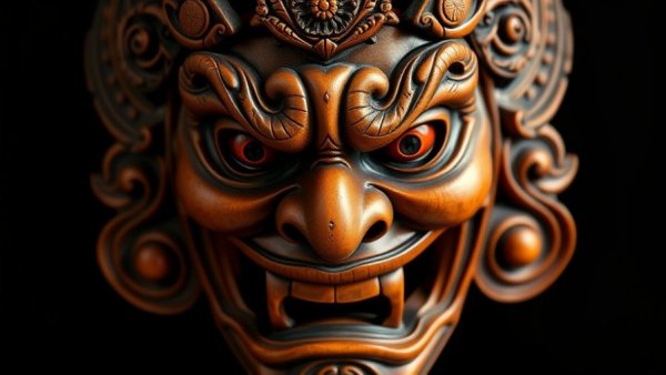 Intricate Japanese Noh mask with fierce expression, spotlighted.