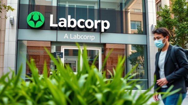 Labcorp office exterior with signage as person walks by