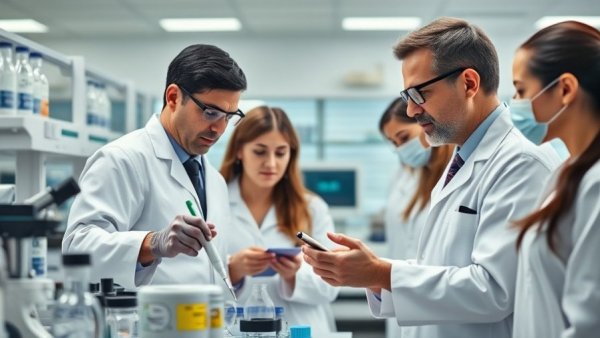Scientists collaborating in a lab on OST-HER2 cancer treatment.