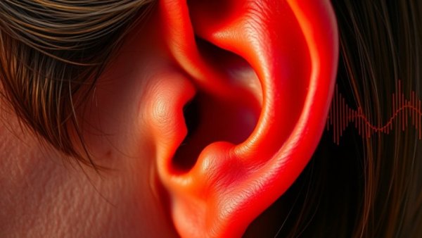 Tinnitus soundwaves around ear illustrate serotonin and tinnitus relationship.