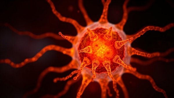 Close-up luminous cancer cell, a symbol related to Vitamin B2 cancer survival.