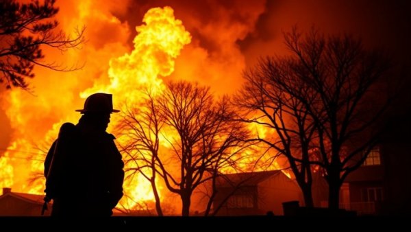 New Jersey wildfire risk: firefighter silhouetted against blaze.