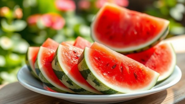 Juicy watermelon slices showcasing health benefits with outdoor background.
