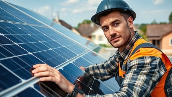Worker installing solar panels on a rooftop during daylight in a Maine neighborhood.