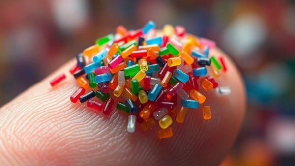 Microplastics on fingertip, illustrating pollution and environmental concern.