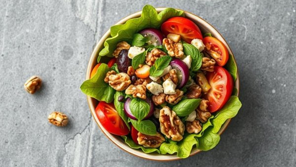 Healthy salad bowl with walnuts for brain power.