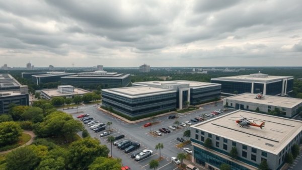 Corporate office complex aerial view illustrating utility mega-mergers and data centers.