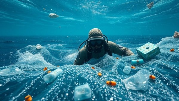 Ocean plastic pollution scene with undersea pilot observance.