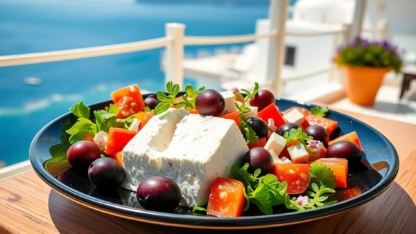 Smarter Mediterranean diet with vibrant Greek salad overlooking sea.