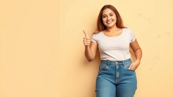 Ozempic weight loss health benefits depicted by a smiling young woman in large jeans.