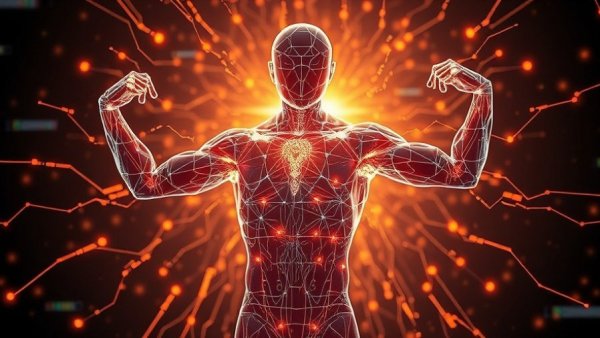 Futuristic wireframe human glowing energy, boosting TTP Protein.