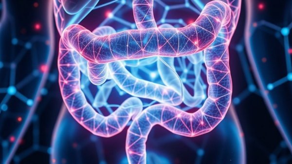 Futuristic intestinal health illustration with glowing effects.