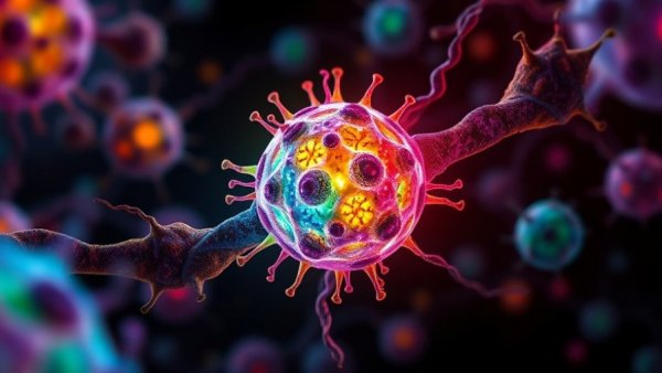 Glowing mitochondrion in a colorful cellular environment, highlighting leucine cellular energy.