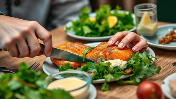 Hands cutting salmon with salad highlighting omega-3 benefits for women over 40.