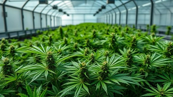 Thriving cannabis plants in a modern greenhouse.