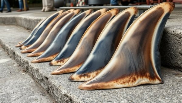 Diverse shark fins on concrete highlight China shark finning issue.