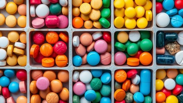 Assorted colorful pills and tablets in square compartments, CVS 340B funds lawsuit.