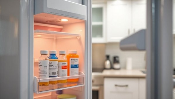 Refrigerator with insulin storage in kitchen, emphasizing storage safety.