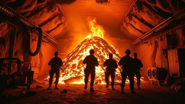 Dramatic scene of soldiers facing fiery mound in underground facility.
