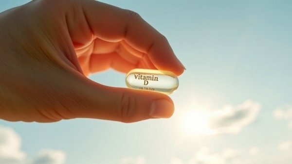 Hand holding vitamin D capsule against sunlight, health benefits concept.