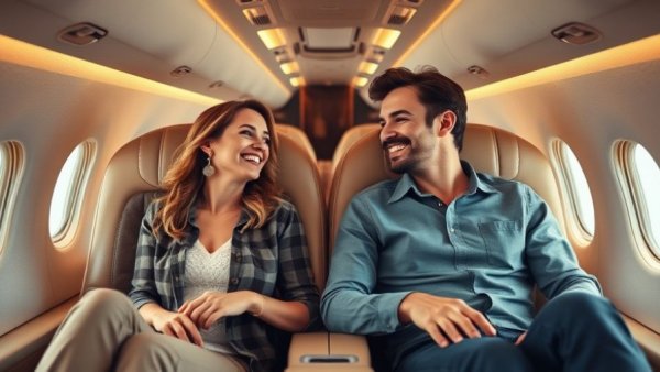 Casual couple in airplane cabin discussing video email for small businesses.