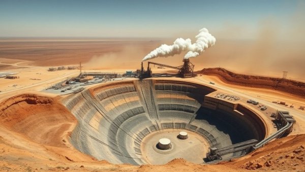 Vast industrial mining site near the coast, depicting rare earth extraction.