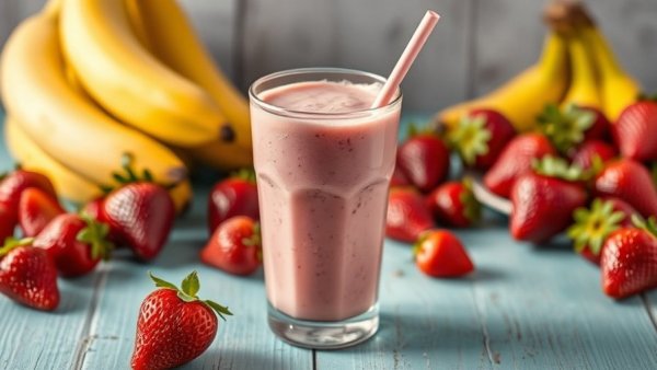 Vibrant smoothie on rustic table with bananas and strawberries.