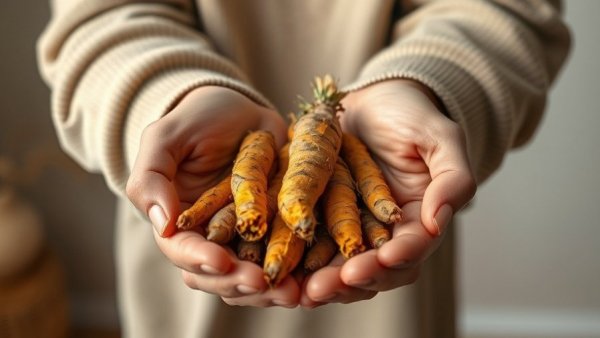 Hands hold turmeric roots for better blood sugar control.