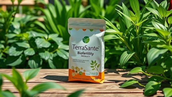TerraSante Biofertility Product packaging surrounded by green plants.