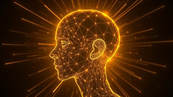 Futuristic wireframe head with radiant energy symbolizing brain activity.