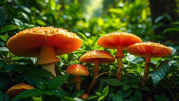 Natural psilocybin mushrooms in sunlit forest for mental health research.