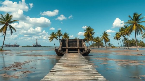 Decaying dock and oil rigs on Lake Maracaibo, highlighting pollution crisis.
