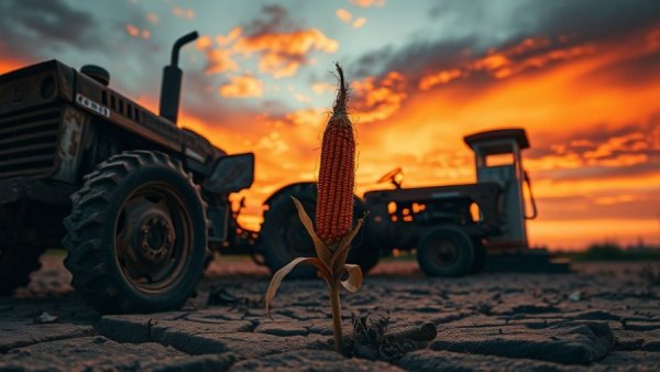 Food Scarcity Crisis depicted by a corn on cracked earth near a rusty tractor at sunset.