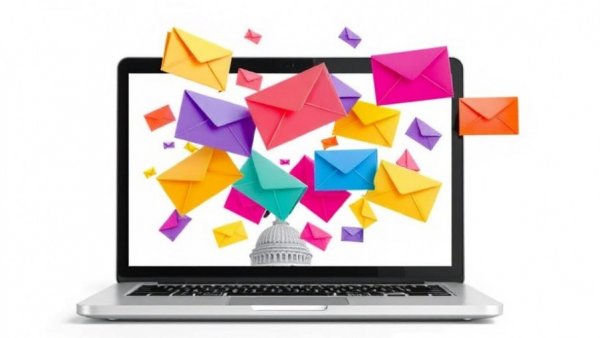 Colorful digital envelopes fly from a laptop, symbolizing communication.