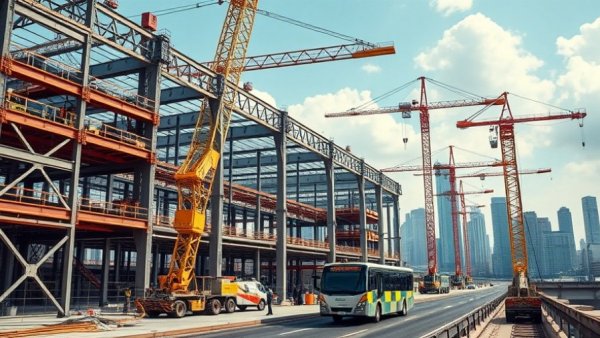 Accelerated construction work on a modern facility with cranes and workers.