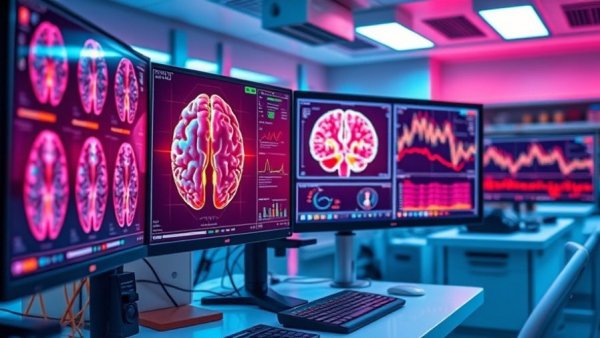 Brain scan on modern monitors in a bright lab, highlighting Long COVID brain activity impact.