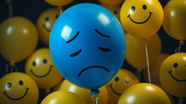 Blue balloon with sad face surrounded by smiling yellow balloons, symbolizing new depression treatment.