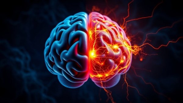 Intricate brain representation with contrasting halves for CBD and Alzheimer's treatment.